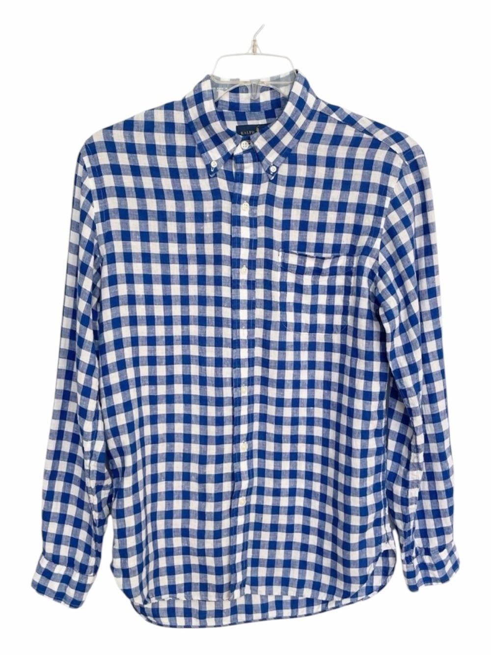 Ralph Lauren Men's M Linen Gingham Check Button Down Shirt Blue White Classic